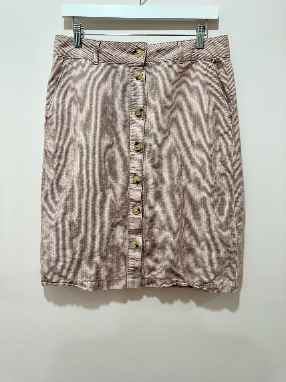 Vintage Liz Claiborne Linen Cotton Pinstripe Button A-Line Skirt with Pockets